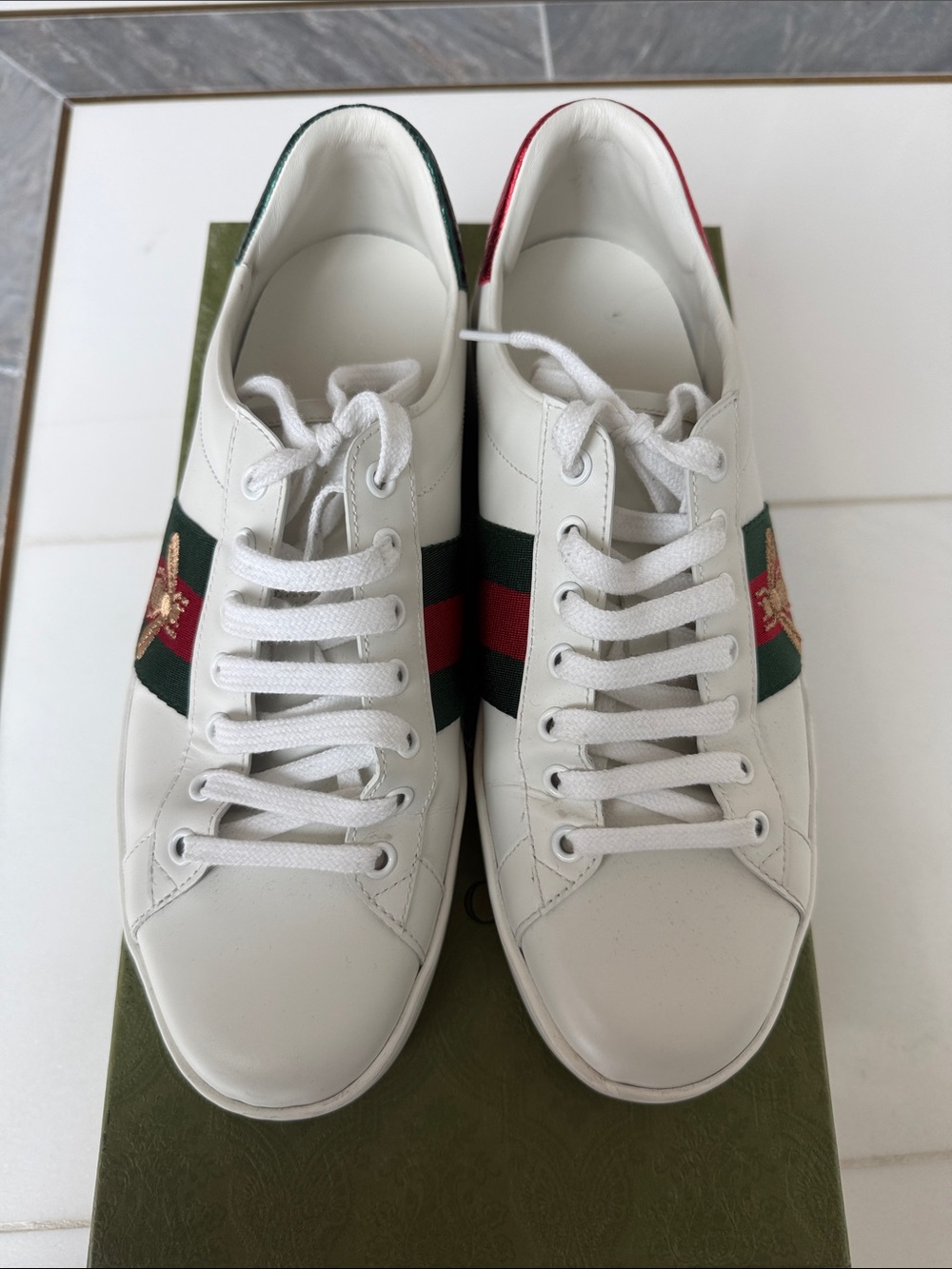 Gucci White Leather Sneakers with Green and Red Stripe and Gold Bee